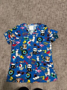 Cherokee Women’s Short Sleeve Scrub Top in Bright Blue with Multicolor Prints